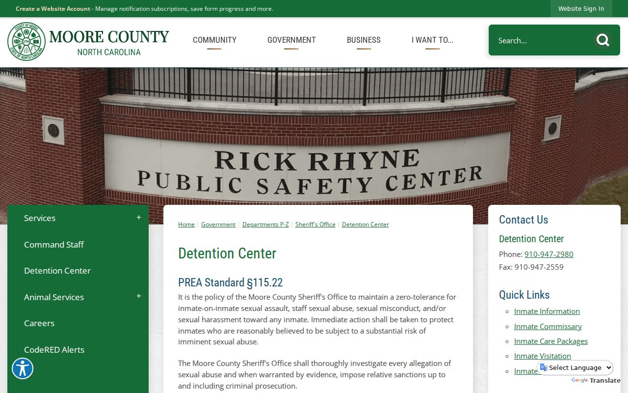 Moore County Detention Center official services page