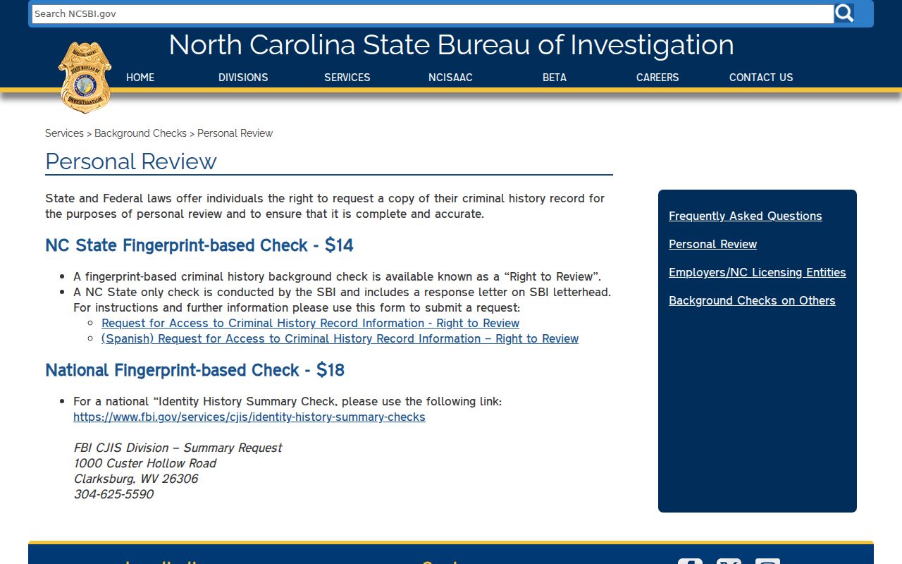 Moore County criminal history SBI Right to Review instructions
